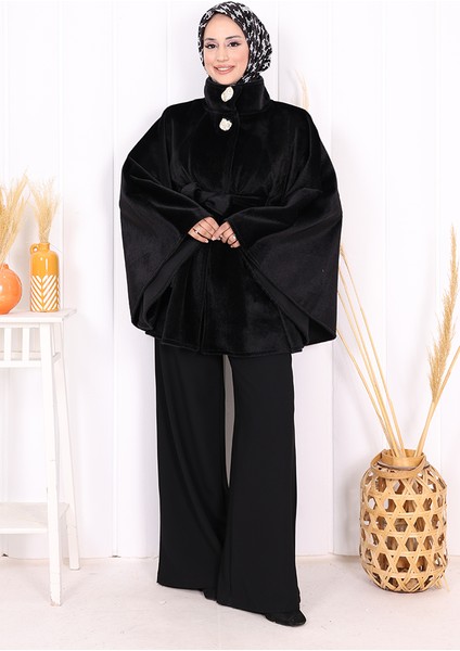 70060 Düğme Detaylı Panço Siyah