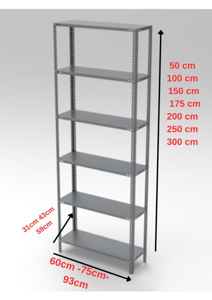 6 Katlı Galvaniz Çelik Raf - Depo, Arşiv, Kiler, Dosya, Market Rafı 20X60 CM-250 Cm-1.00 mm fiyatları