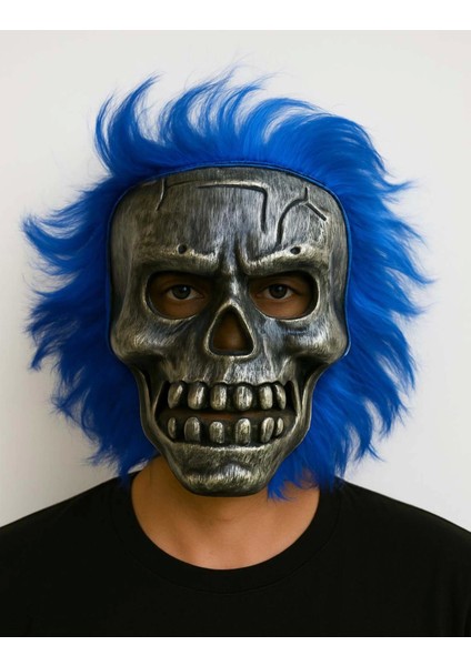 Wild Skull - Gümüş Kafatası Mavi Saçlı Iskelet Maske - Lisinya