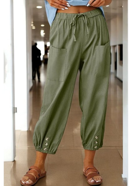 Beli Lastikli Düğme Detaylı Yazlık Keten Pantolon