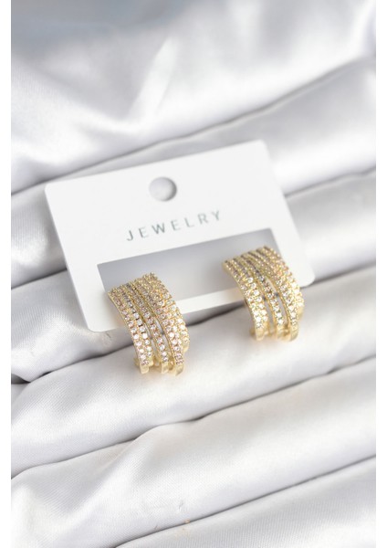 Zirkon Taşlı Şerit Model Gold Renk Pirinç Kadın Küpe - Lisinya