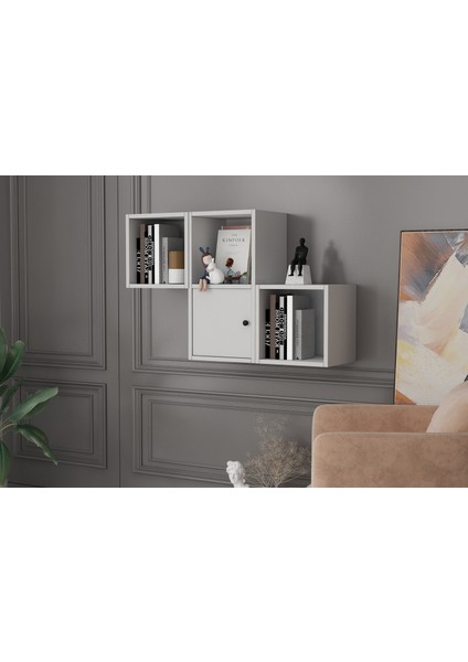 Kitaplikli Kapakli Duvar Rafi Beyaz 100 cm DVR-1032-Ç