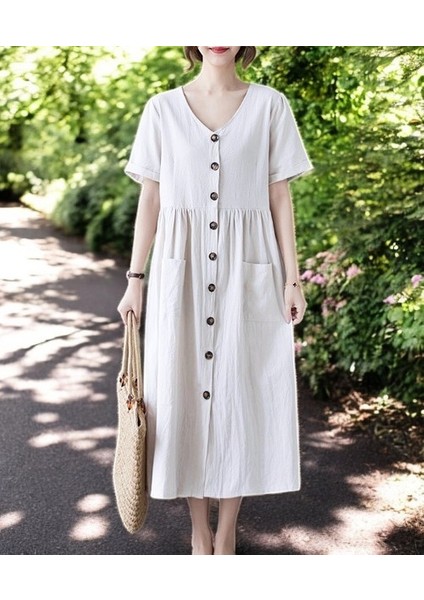 Yazlık V Yaka Beli Büzgülü Rahat Keten Elbise fiyatları