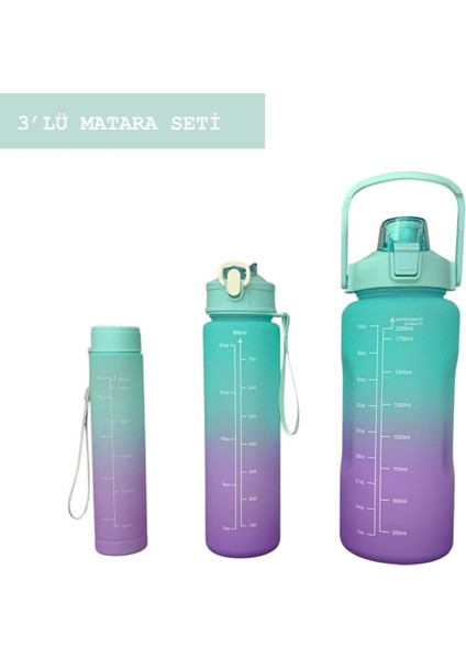 Yeşil, 3’lü Set - Sticker’lı Pipetli Matara Seti - 2000ML,900ML,300ML