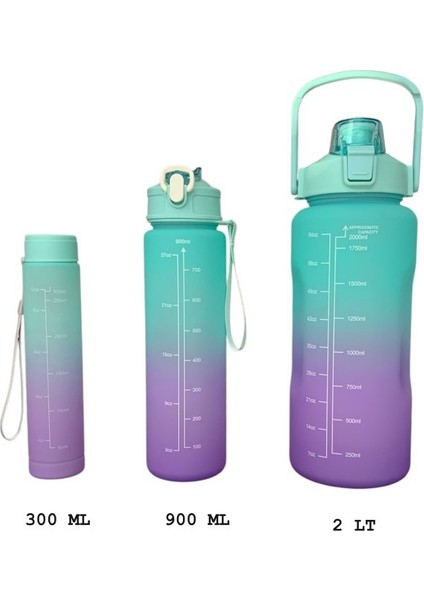 Yeşil, 3’lü Set - Sticker’lı Pipetli Matara Seti - 2000ML,900ML,300ML indirimleri