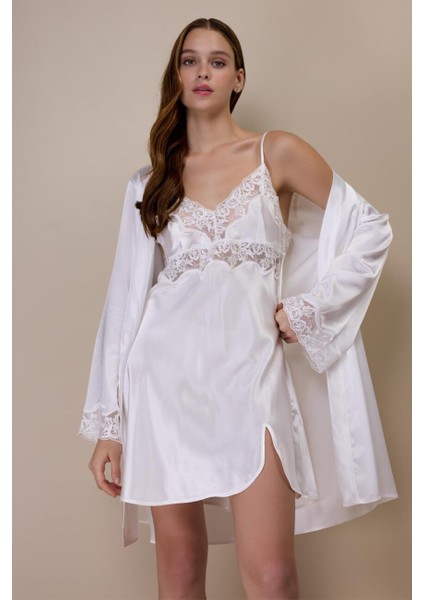 3978 Ekru Saten Gecelik Sabahlık Takım