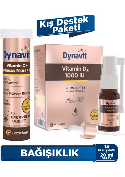 C Vitamini & Sambucus Nigra 15 Efervesan Tablet & Vitamin D3 1000 Sprey 20 mL - Kışa Destek Paketi