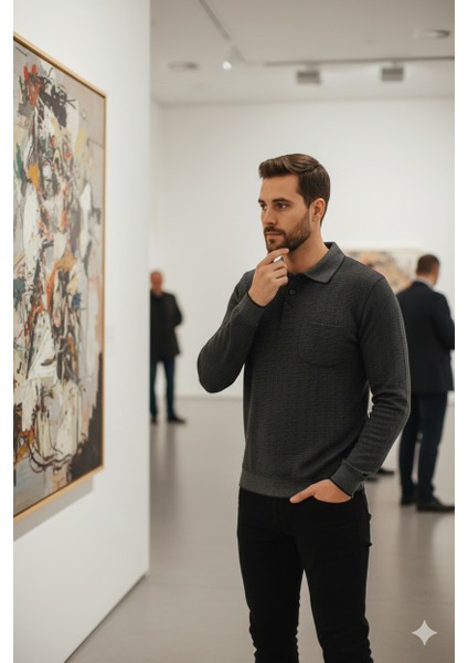 Erkek Mevsimlik Kazak Pamuklu Dokuma Düğmeli Polo Yaka Cepli Uzun Kollu Kırçıl Desenli Rahat fırsatları