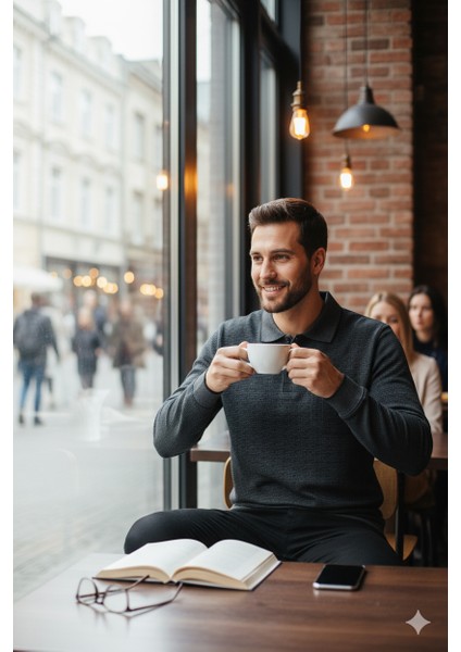 Erkek Mevsimlik Kazak Pamuklu Dokuma Düğmeli Polo Yaka Cepli Uzun Kollu Kırçıl Desenli Rahat indirimleri