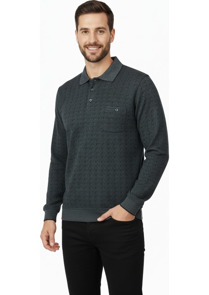Erkek Mevsimlik Kazak Pamuklu Dokuma Düğmeli Polo Yaka Cepli Uzun Kollu Kırçıl Desenli Rahat