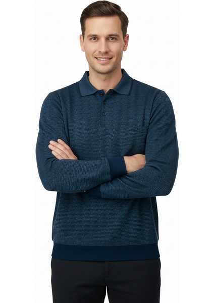 Erkek Mevsimlik Kazak Pamuklu Dokuma Düğmeli Polo Yaka Cepli Uzun Kollu Kırçıl Desenli Rahat