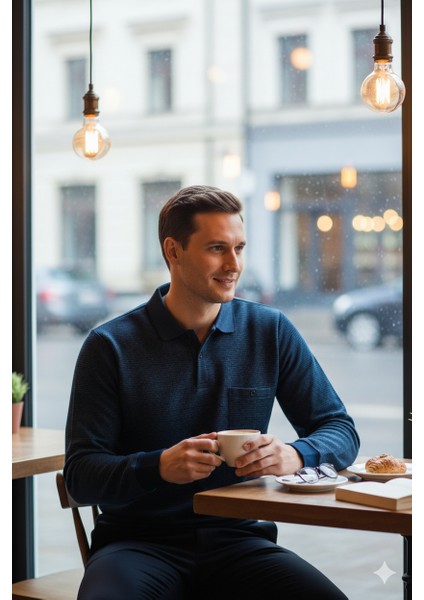Erkek Mevsimlik Kazak Pamuklu Dokuma Düğmeli Polo Yaka Cepli Uzun Kollu Kırçıl Desenli Rahat indirimleri