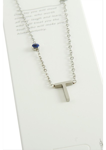 Allzey Gümüş Renkli Harfli Çelik Kolye-T