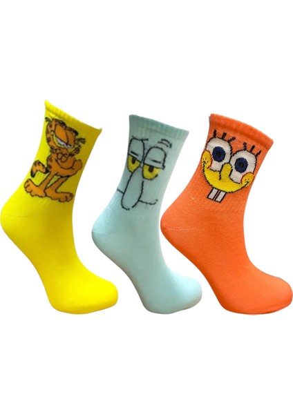 3'lü Garfield, Squidward ve Sünger Bob Desenli Kolej Set Çorap