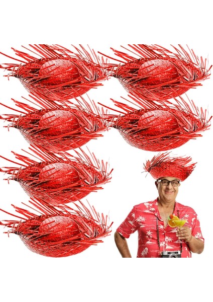 Tropikal Parti Kırmızı Hasır Hawaii Şapkası