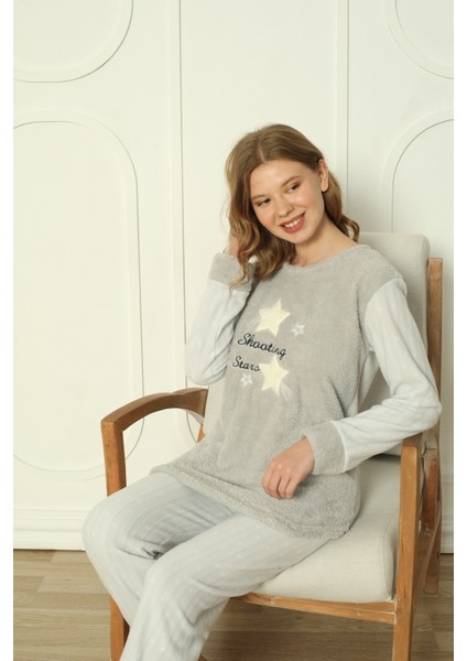 Fwn 3303 Peluş Welsoft Polar Kışlık Yumoş Yıldızlı Kadın Pijama Takımı