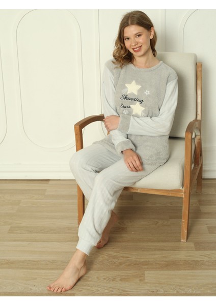 Fwn 3303 Peluş Welsoft Polar Kışlık Yumoş Yıldızlı Kadın Pijama Takımı modelleri