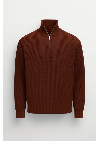 Nolan Oversize Selanik Örgü Yarım Fermuar Erkek Triko Kazak - Kahve