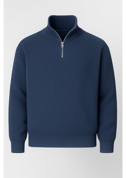 Oversize Selanik Örgü Yarım Fermuar Erkek Triko Kazak - Indigo