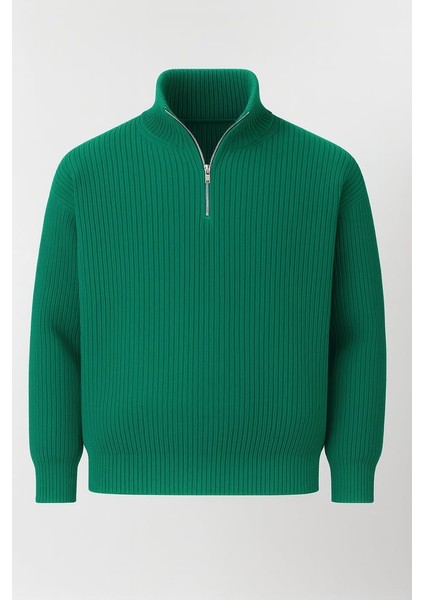 Oversize Selanik Örgü Yarım Fermuar Erkek Triko Kazak - Yeşil