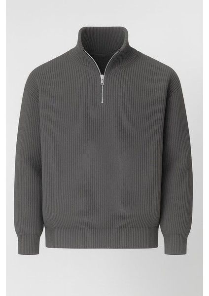 Nolan Oversize Selanik Örgü Yarım Fermuar Erkek Triko Kazak - Füme