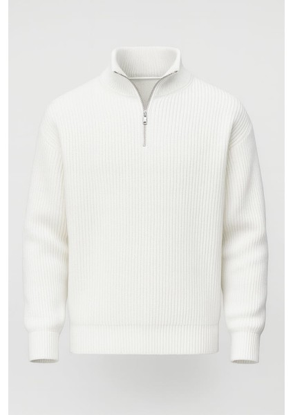Oversize Selanik Örgü Yarım Fermuar Erkek Triko Kazak - Ekru