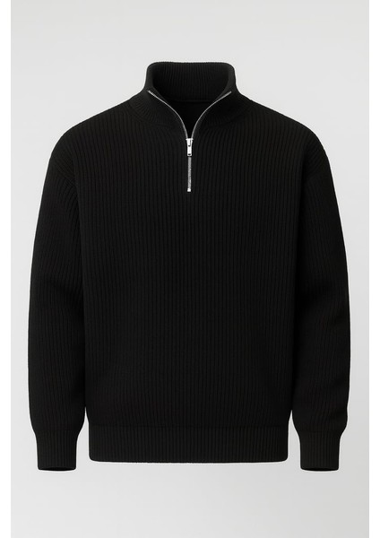 Nolan Oversize Selanik Örgü Yarım Fermuar Erkek Triko Kazak - Siyah
