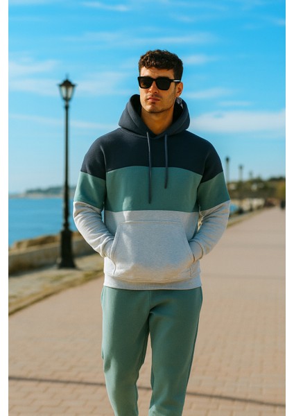 Oversize Su Yeşili Renk Füme Şeritli Kapüşonlu Eşofman Takımı