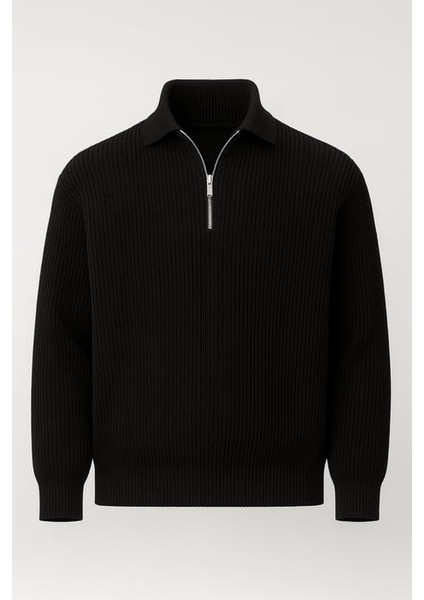 Gibson Oversize Yarım Fermuar Gömlek Polo Yaka Selanik Örme Erkek Triko Kazak - Siyah