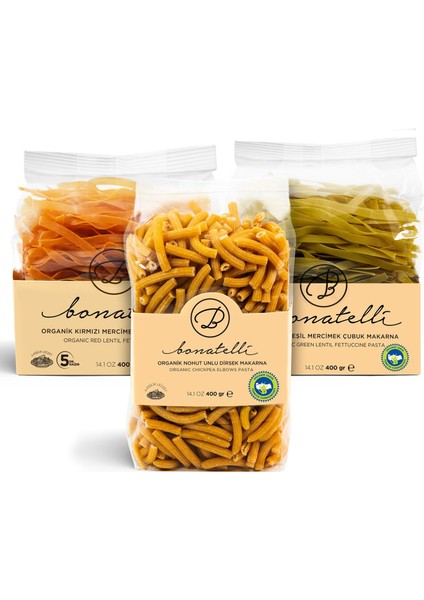 Fettuccine Makarna Seti 400 gr Organik Kırmızı Mercimek Yeşil Mercimek Nohut Unlu