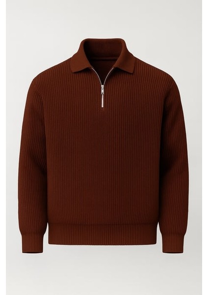 Gibson Oversize Yarım Fermuar Gömlek Polo Yaka Selanik Örme Erkek Triko Kazak - Kahve