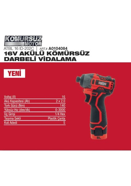 ATBL 16 ID-202C Akülü Kömürsüz Darbeli Vidalama 16V indirimleri