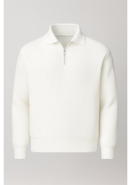 Gibson Oversize Yarım Fermuar Gömlek Polo Yaka Selanik Örme Erkek Triko Kazak - Ekru