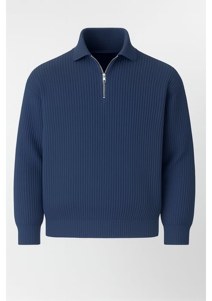 Gibson Oversize Yarım Fermuar Gömlek Polo Yaka Selanik Örme Erkek Triko Kazak - Indigo
