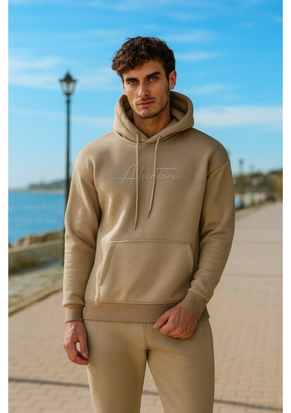 Oversize Vizon Renk Kapüşonlu Eşofman Takımı