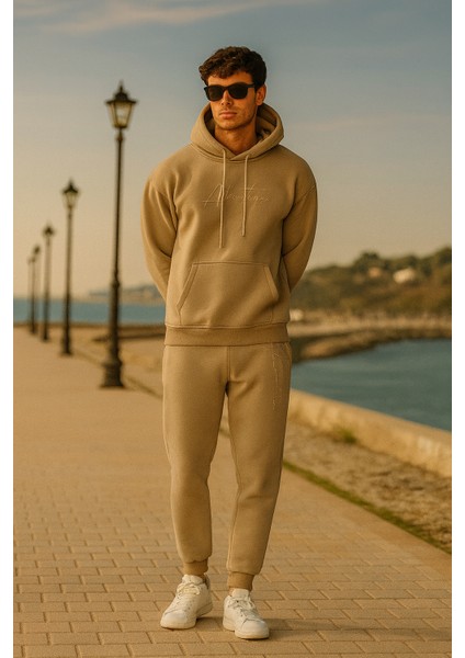 Oversize Vizon Renk Kapüşonlu Eşofman Takımı modelleri