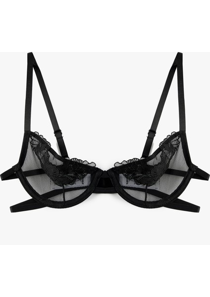 File Kumaş Çiçekli Tül Detaylı Dolgusuz Balenli Sütyen