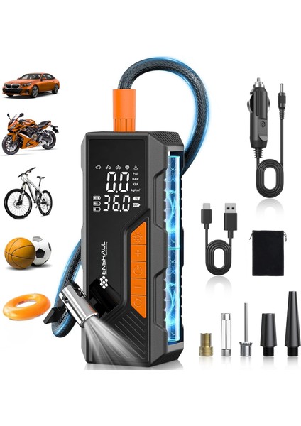 Enshall Dijital Göstergeli LED Işıklı Taşınabilir 4500MAH Araç Lastik Şişirme Hava Kompresörü