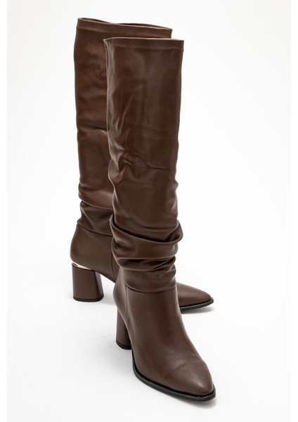 120 Kahve Cilt Körüklü Kadın Kalın Topuklu Çizme