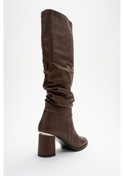120 Kahve Cilt Körüklü Kadın Kalın Topuklu Çizme