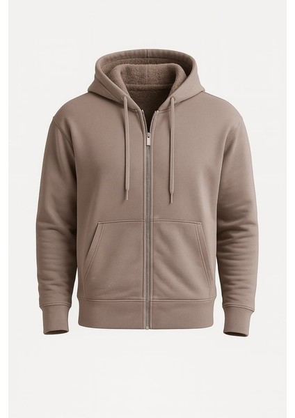 İçi Peluş Üç İplik Kumaş Oversize Fermuarlı Kapüşonlu Sweatshirt- Bej