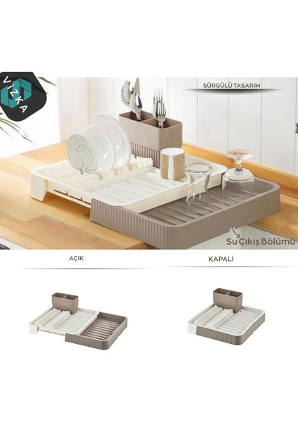 Sürgülü Bulaşık Kurutma Sepeti , Açılır Kapanır Plastik Bulaşıklık / LATTE-BEJ