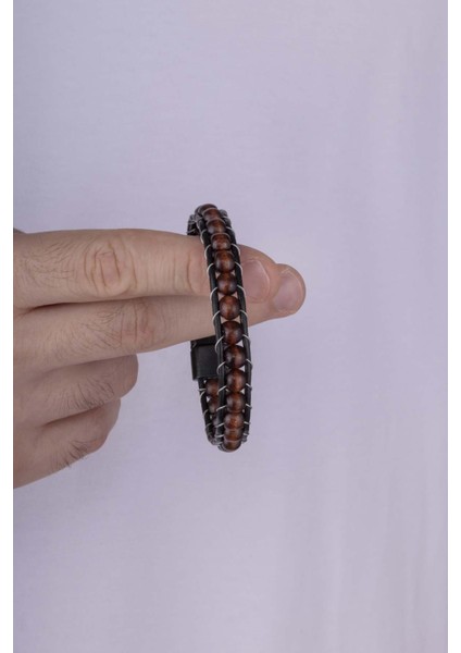 Ceviz Ağacı Deri Geçişli Erkek Bileklik