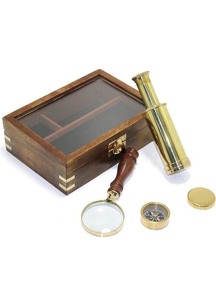 Ahşap Kutulu Pirinç Pusula Dürbün ve Büyüteç Seti indirimleri
