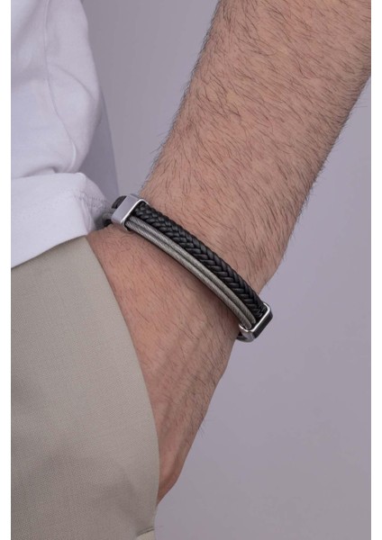 Çift Sıra Örgü Model Erkek Deri Bileklik