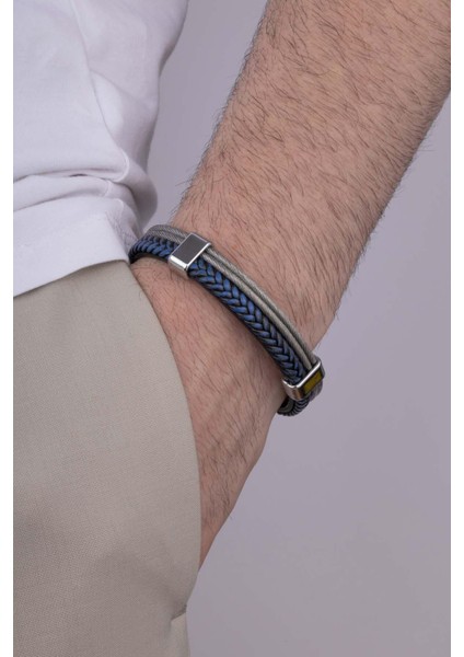 Lacivert Örgü Gri Detaylı Çift Renk Erkek Deri Bileklik