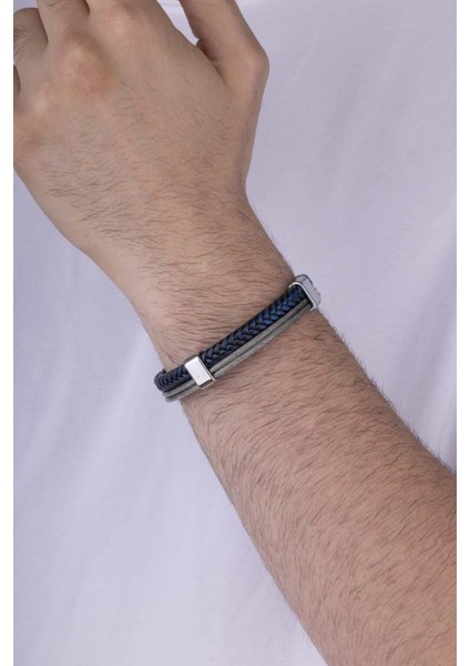 Lacivert Örgü Gri Detaylı Çift Renk Erkek Deri Bileklik fiyatları