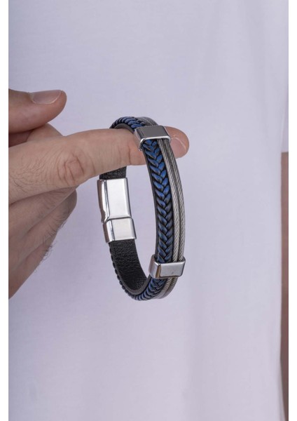 Lacivert Örgü Gri Detaylı Çift Renk Erkek Deri Bileklik modelleri