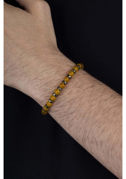 Hematit Geçişli Yuvarlak Kesim Sarı Ceyt Taşı Erkek Bileklik