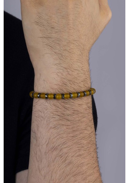 Hematit Geçişli Yuvarlak Kesim Sarı Ceyt Taşı Erkek Bileklik fiyatları